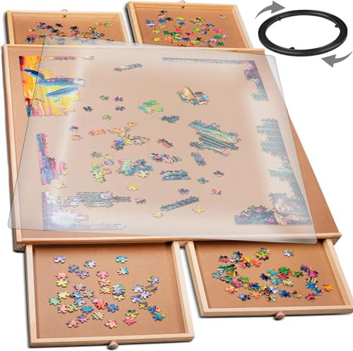 PLAYVIBE 1000 Piece Rotating Wooden Jigsaw Puzzle Table - 4 Drawers, Portable Puzzle Board with Cover - 22 1/4” x 30”