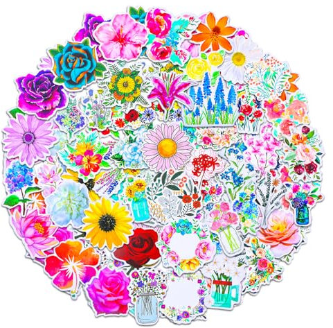 YUXIANLB 50 PCS Flower Stickers, Cute Floral Sticker Pack for Teens Girls Kids, Aesthetic Waterproof Vinyl Stickers for Laptop, Water Bottle, Phone, Scrapbook, Skageboard, Bike, Luggage