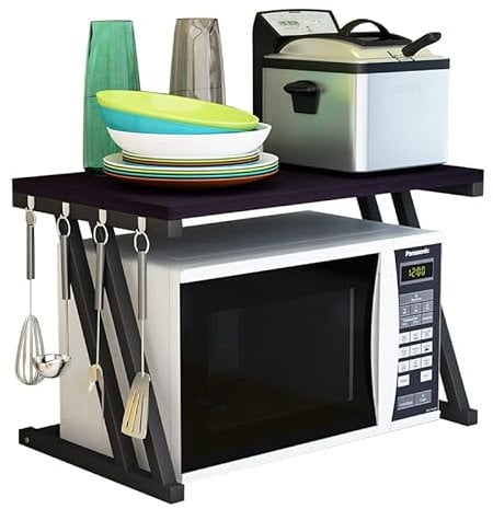 Supfine Mensola per microonde, a 2 livelli, supporto per microonde, con 4 zappe, organizer in acciaio al carbonio per tostapane, friggitrice ad aria calda, cucina (a forma Z, nero)