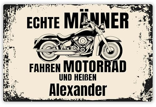 Geschenk für Biker: Alu-Schild personalisiert „Echte Männer fahren Motorrad und heißen WUNSCHNAME“ - mit Aufhängesystem ca. 20x30,5 cm - Motorradfans Dekoration (Querformat)