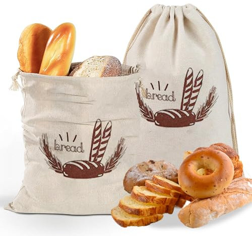 2Pcs Cotton Bread Storage Bag, Large Organic Linen Cotton Bread Bag, Reusable Bread Bags, Food Storage Bag, Bread Storage Bags, Natural Linen Bread Bags To Keep Bread Fresh, Eco Bread Bag 30X40CM