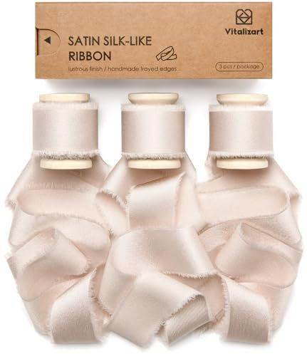 Vitalizart Satin Schleifenband Helles Nude 2,5 cm x 13,7 m Hölzerne Spule, Handgefertigtes Ausgefranstes Geschenkband für Geschenk Verpacken Hochzeit Brautsträuße Urlaub Dekor
