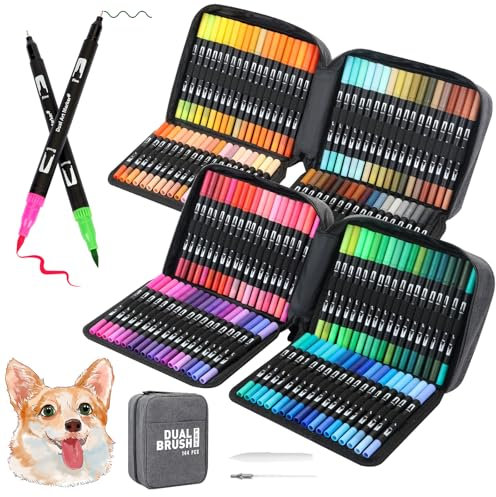 AGOYUU Dual Tip Brush Pen Set, Marker und Filzstift 144 Dual Tip Brush Pens, Filzstifte für Erwachsene für Kalligraphie Zeichnung Comic Bullet Diary Colouring Stifte, 0.4mm Fine Line und 1-2mm Fibre