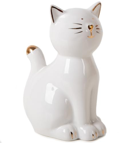 Logbuch-Verlag Katzenfigur weiß Gold Katzen Deko aus Porzellan Dekokatze Geschenk Geburtstag 13,5 cm