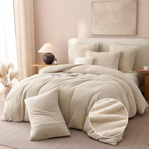 Nyescasa Warme Winter Bettwäsche 220x240 Beige Flauschig Teddy Wendebettwäsche Plüsch Sherpa Flanell Deckenbezug Fleece Cashmere Touch Bettbezug mit Reißverschluss und 2 Kissenbezug 80x80cm
