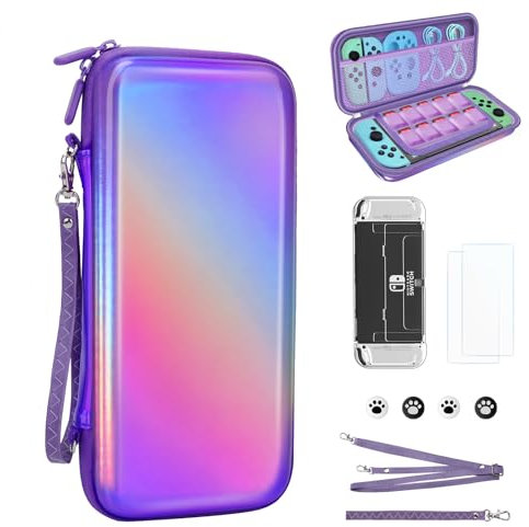 JYPS Tasche für Nintendo Switch OLED, 10 in1 Spiegeln Harter Hülle Case, Tragbare Schutz Switch Bundle, Reisetasche Schutzhülle für Switch Konsole& Zubehör für Mädchen Geschenk(Lila)