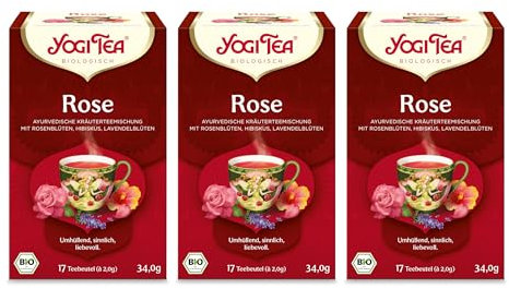Yogi Tea - Rose, Ayurvedischer Bio Gewürztee, Mischung aus Rose, Hibiskus und Lavendelblüten, Yogi Tee 3er Pack, 3x17 Beutel (51 Teebeutel insgesamt)