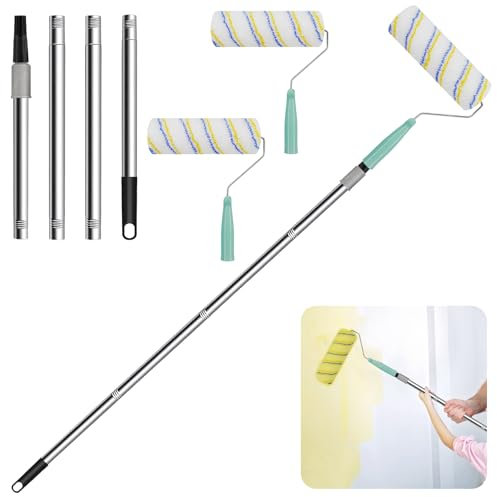 Paint Roller Brush Kit with Extension Pole, 67 Adjustable Stainless Steel Paint Roller Extension Pole, Long Handled Paint Roller for Walls, Ceiling, Wood, Floor (with 1 Roller Brush)