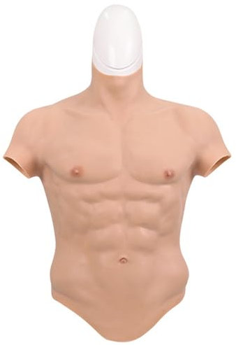 ExoticaBlend Silicone Combinaison Musclée Hommes Poitrine Manches Courtes Torse Réaliste Hommes Ventre Costume Cosplay Halloween Carnaval,Ivory-S