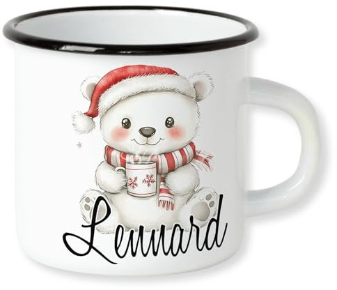 GRAZDesign Weihnachtstasse Eisbär Kindertasse mit Namen personalisiert Emaille Bruchsicher für Kinder 250ml