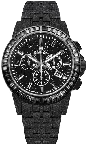 LOUIS XVI Majesté Frosted Iced Out 1184 - Ø 43 mm - Herren Uhr - Wasserdicht - Mit Saphirglas - Armband Schwarz - CZ-Diamanten Schwarz - Schweizer Quarzwerk