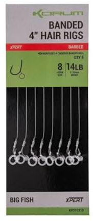 Korum 4 Banded Hair Rigs Barbed Qty 8 (Size 8 14lb)