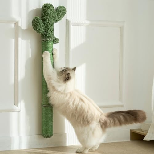 Cactus Climber Wall-Mounted Cat Scratching Post with Hanging Ball Toy, Vertical Sisal Climbing Pole for Indoor Cats, Space-Saving Design, Green