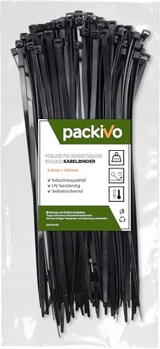 PACKIVO Kabelbinder Schwarz 250mm x 4.8mm, 100 Stück Kabelbinder UV Beständig lang, Schwarze Kabelbinder Mit 22Kg, Zugfestigkeit Kann für Innen- und Außenbereich, Haushalt, Büro