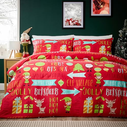 Olivia Rocco Christmas Duvet Cover Set Festive Bedding Quilt Cover Xmas with Pillowcases Reversible Design Easy Care Bed Linen Sets, Festive Fun Red Double