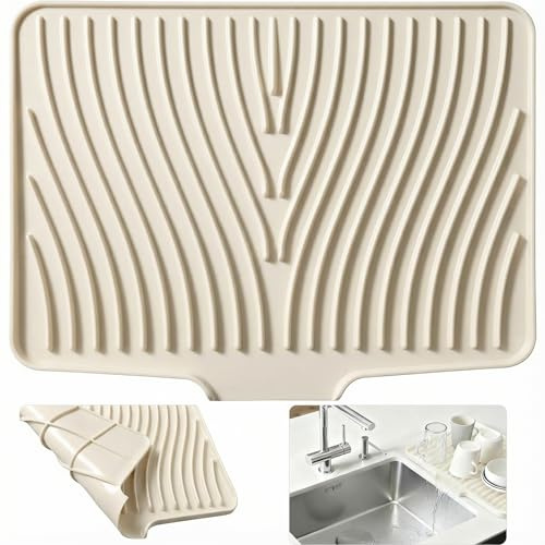 Silicone Draining Mat, Non-Slip Silicone Dish Drying Mat(Cream White) | Heat-Resistant with Fast Drain & Hanging Hole Folding Sink Drainer Mat, Multi-Use Kitchen Draining Board Mat
