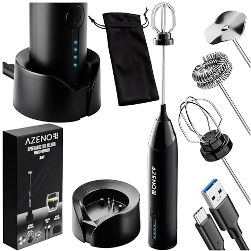 AZENO Milchaufschäumer Stab 3in1, Wiederaufladbarer USB-C, Handmilchaufschäumer mit Ladestation & 3 Edelstahlaufsätze, Milk Frother mit Geschwindigkeitsregel, für Kaffee, Matcha & Latte (Ladestation)