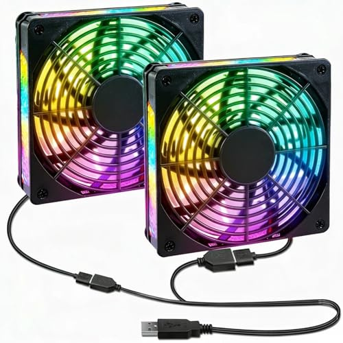 Silkwish 2 ventiladores USB de 120 mm y 5 V con LED de colores, doble carcasa para PC, ventilador USB silencioso para ordenadores, radiadores, router, PS5, TV Box – 2 en 1 Mini PC