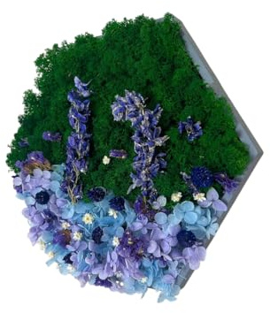 Gedankenwunder Manufaktur Moosbild Blauer Hortensien Blumenwald Hexagon Wabe