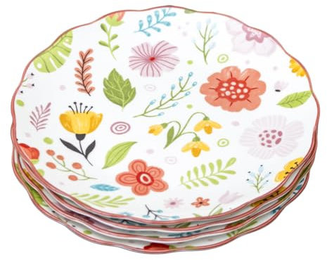 Darthome Set of 4 Floral Ceramic Side Plates, Multicoloured, 20.5cm, Scalloped Rim, Dishwasher Safe, Botanical Flower Meadow Design