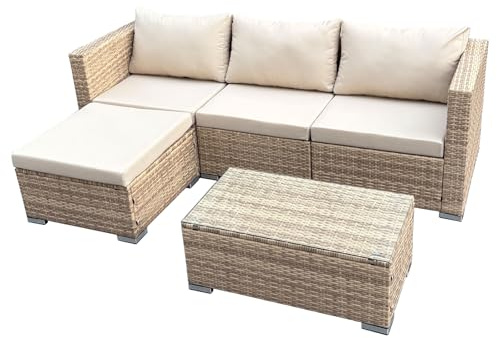 SVITA Queens Gartenlounge 5-teilig Polyrattan Lounge Set wetterfest Garten Terrasse Balkon inkl. Kissen Glas Tisch Beige