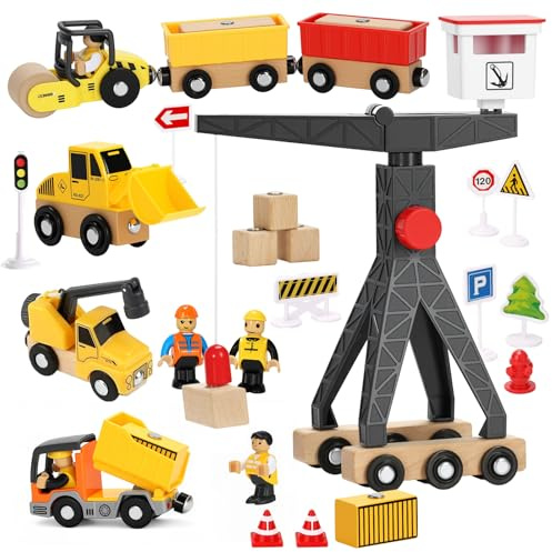 Kran Spielzeug Baufahrzeuge Kinder ab 3Jahre,Holzspielzeug Baustelle Spielzeug,Magnetisches Spielzeugauto mit kran Bagger Kranwagen Muldenkipper Straßenwalze Verkehrsschilder Geschenk 3 4 5Jahre