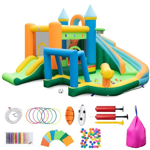 Inflatable Water Slide Bounce House 9-in-1 with Climbing Wall, Splash Pool, Water Guns, Basketball Rim, Soccer Goal - Outdoor Kids Obstacle Course for Backyard Fun