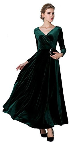 Urban GoCo Mujeres Vestidos Terciopelo Largo Elegante V-Cuello Manga Larga Maxi Vestidos para Cóctel Fiesta (XL, Verde)