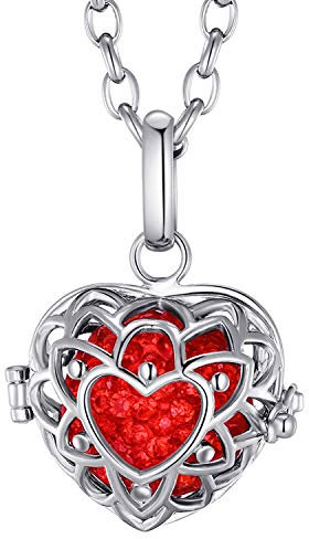 Morella Damen Halskette Edelstahl 70 cm mit Herzform Anhänger und Klangkugel rot Ø 16 mm in Schmuckbeutel