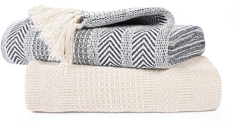EHC Throw Blanket, Throws for Sofas armchairs Sofa Settee Couch Bed Cover Over Blanket throw, 125 x 150 cm, Navy/Ivory (Pack of 2)