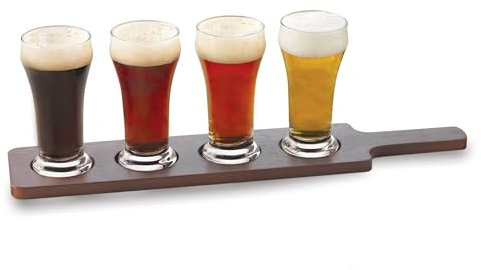 Libbey Craft Brews - Juego de 4 vasos de cerveza con soporte de madera