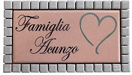 GUIZZO creart - Targa Personalizzata Nomi/Via in Ceramica, Targhetta Personalizzata Modificabile con Cornice Mosaico, Porta Ingresso con Numero Civico Esterno Made in Italy, 17x9.5H cm, Rosa/Grigio