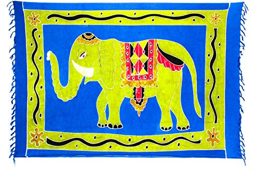 Kascha Sarong Pareo Wickelrock Strandtuch Tuch Wickeltuch Handtuch - Blickdicht - ca. 170cm x 110cm - Blau Grün mit Elefant Motiv Handgefertigt inkl. Kokos Schnalle in Rauteform