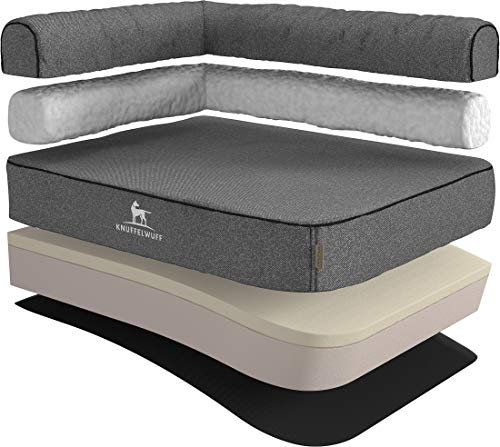 Knuffelwuff Orthopädisches Eck Hundebett Marlie Hundesofa aus Velours mit Handwebcharakter XXL 120 x 80cm Lehne Links Grau - abnehmbarer Bezug - waschbar - für große, mittelgroße und kleine Hunde