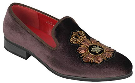 Xposed Mens Velvet Loafers Bee & Crown Embroidered Motif Vintage Dress Shoes Slip on Slippers[A2556H,10UK,Coffee]