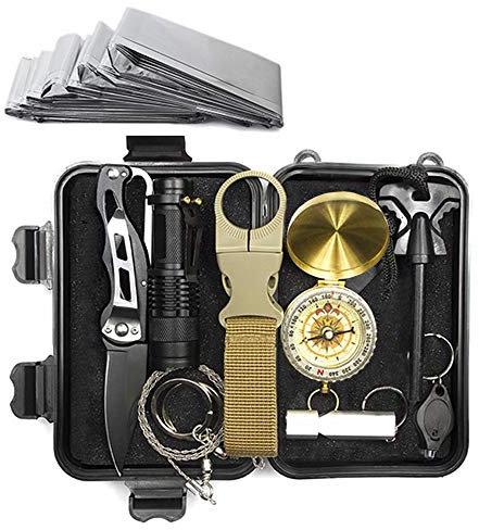 Lixada Survival Kit 10 IN 1 mit Kompass Paracord Armband Rettungsdecke Taschenlampe und weiterem Zubehör für Camping Wandern Jagden Bushcraft Outdoor Abenteuer