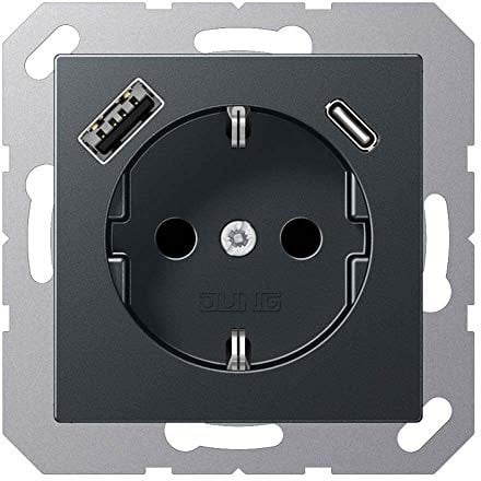 Jung A1520-15CAANM SCHUKO-Steckdose mit USB Typ AC (max. 3A) mit erhöhtem Berührungsschutz (Thermoplast bruchsicher) Anthrazit Matt Serie A