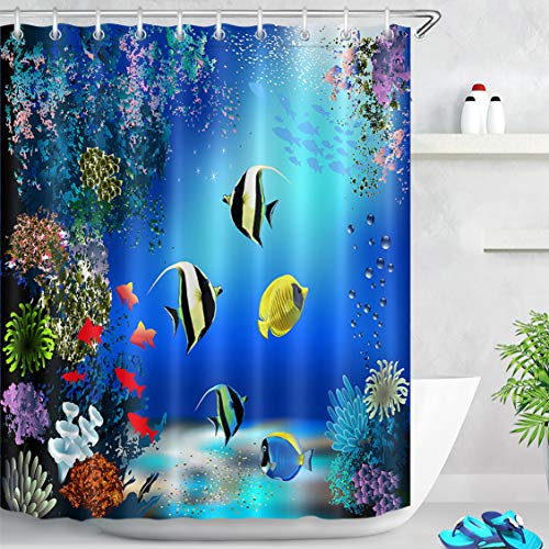 LB Duschvorhang Tropischer Fisch 150X200CM Bunte Koralle im blauen Ozean Bad Vorhänge mit Vorhanghaken Polyester Wasserdicht Anti Schimmel Badezimmer Vorhang