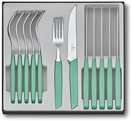 Victorinox Swiss Modern - Juego de cubiertos de 12 piezas, cuchillo de carne, tenedor de pizza, acero inoxidable, color verde