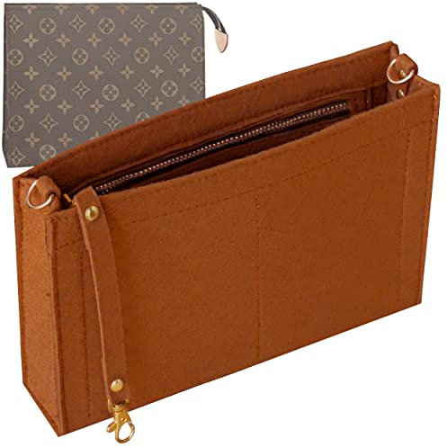 Soyizom Trousse de toilette – Organiseur de sac à main en feutre avec porte-clés, boucle dorée et fermeture éclair (taille S, 19, marron)
