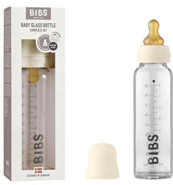BIBS Baby Glass Bottle. Anti-colique. Embout rond en latex de caoutchouc naturel. Favorise l’allaitement naturel, Complete Set - 225 ml, Ivory