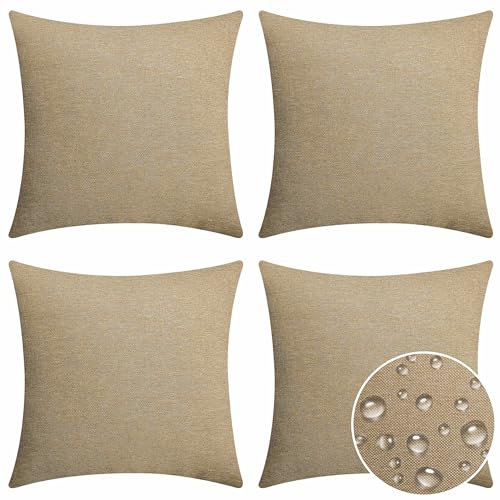 Home Brilliant Beige Cushion Covers Set of 4 for Outdoor Cushions, Decorative Waterproof Faux Linen Cushion Cover for Couch Bench Garden, 18inch, 45x45 CM, 4 Pcs, Linen