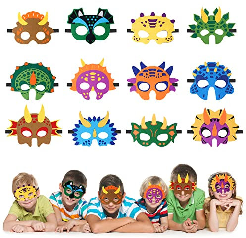 URAQT Dinosaurier Masken, 12 Stück Dino Filz Masken, Cosplay Kindermasken für Mädchen Jungen, Partymasken zum Halloween Kindergeburtstag Karneval