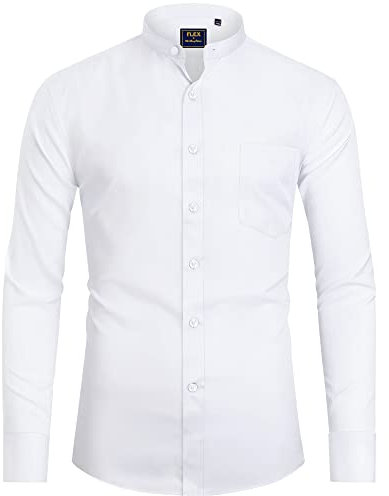 J.VER Mens White Grandad Collar Dress Shirt Regular Fit Long Sleeve Casual Non Iron Button Down Banded Collar Shirt with Pocket L