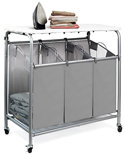 Wäschesortierwagen mit 3 Taschen, robuster Roll-Wäschekorb mit Bügelbrett (grau)