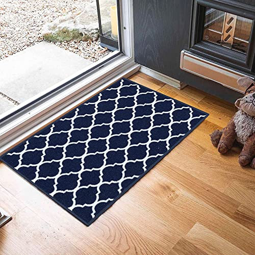 GULLAMBO Washable Door Mat - Non Slip Mat For Wooden Floor - Indoor/Outdoor, Super Absorbent Dirt Trapper - Kitchen, Hallway Runner Rugs (Trellis Navy, 67x120cm)