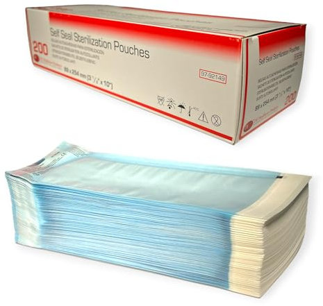 DE Healthcare Products - Sterilisationsbeutel (200 Stück), selbstklebend, Steriltüten ohne Seitenfalten, Maße je 8,9 x 25,4 cm