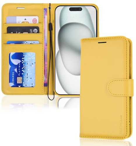 TECHGEAR iPhone 15 Leather Wallet Case, Flip Protective Case Cover with Wallet Card Holder, Stand and Wrist Strap - Yellow PU Leather with Magnetic Closure for iPhone 15 6.1