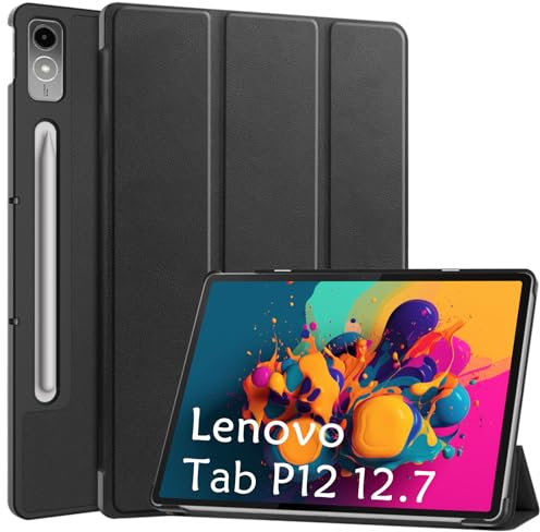 Case for Lenovo Tab P12 12.7 inch 2023, XLTTONG Slim Light Hard Shell Stand Cover with Auto Sleep-Wake (Black)