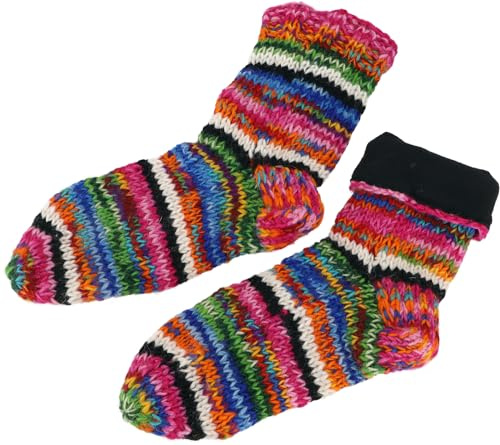 GURU SHOP Handgestrickte Gefütterte Schafwollsocken, Bunte Haussocken, Hüttensocken, Nepal Socken - Bunt, Herren/Damen, Size:L (41-43)